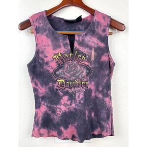 Harley Davidson Womens Tank Sz M Ribbed Tie Dye Rose Rhinestone Stretchy Moto